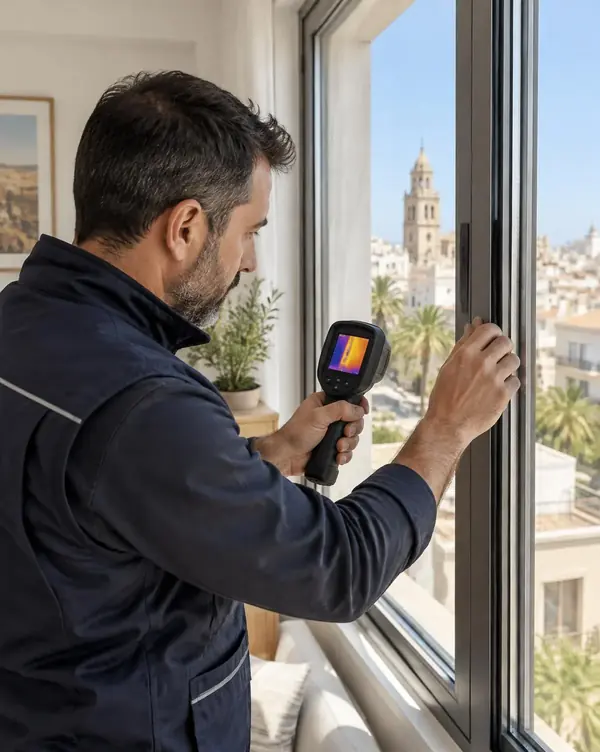 Técnico revisando el aislamiento térmico de una ventana de aluminio en Valencia