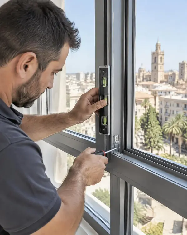Técnico alineando y reparando un marco de ventana de aluminio en Valencia