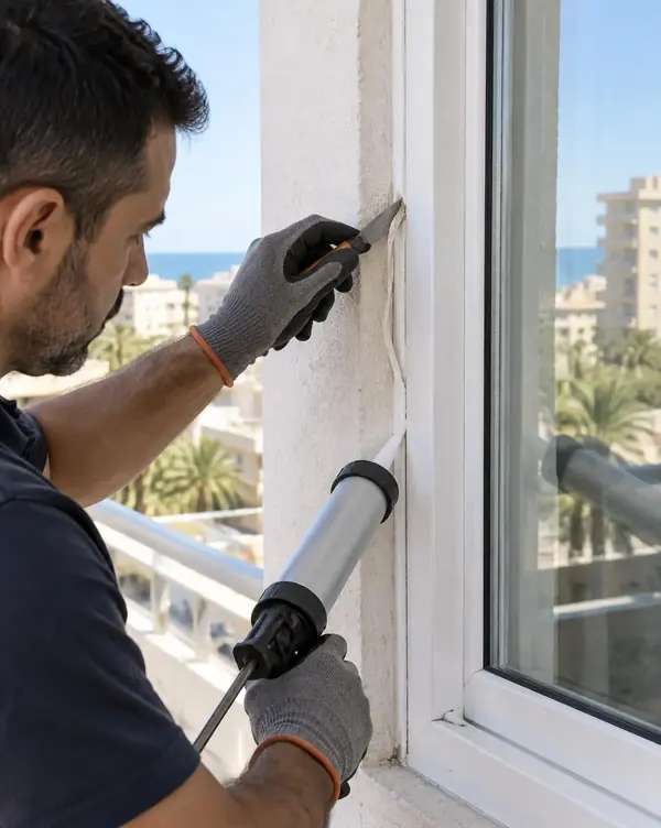 Técnico renovando el sellado perimetral de una ventana en Valencia